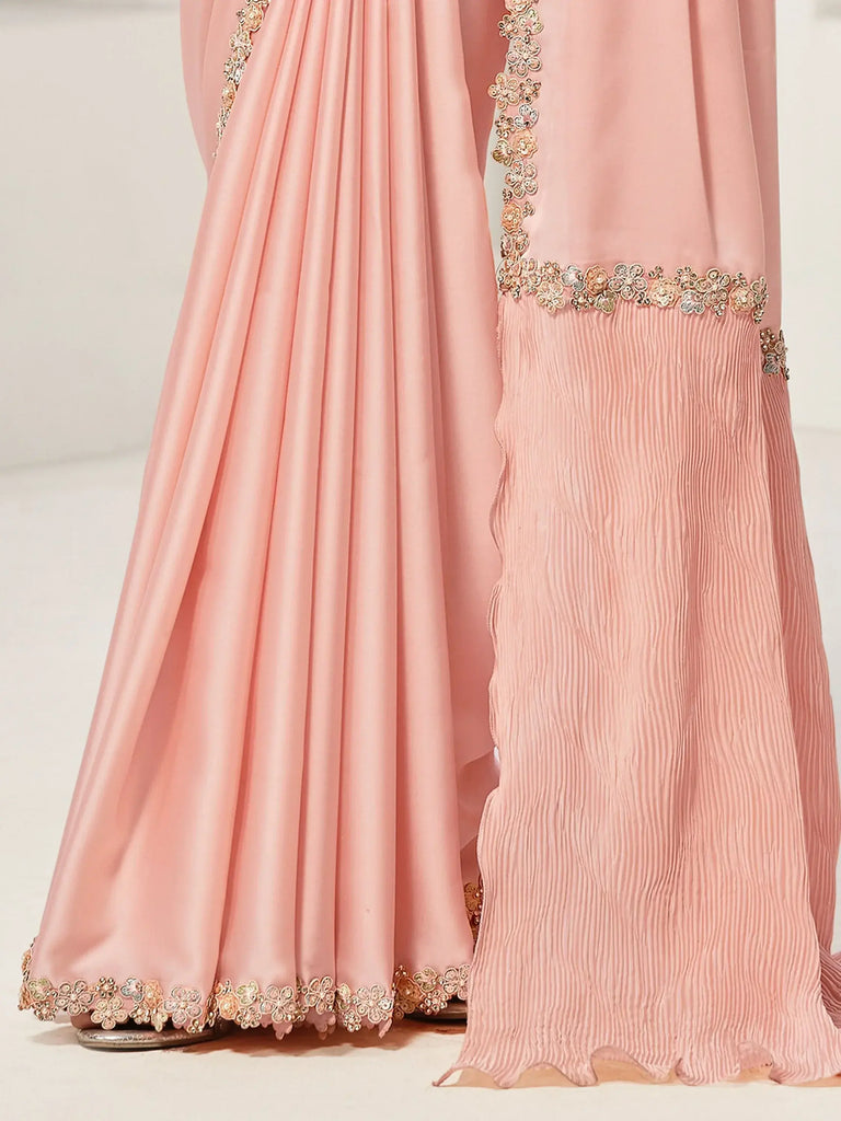 Glamorous Peach Sequins Satin Silk Wedding Wear Saree With Blouse