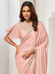 Glamorous Peach Sequins Satin Silk Wedding Wear Saree With Blouse