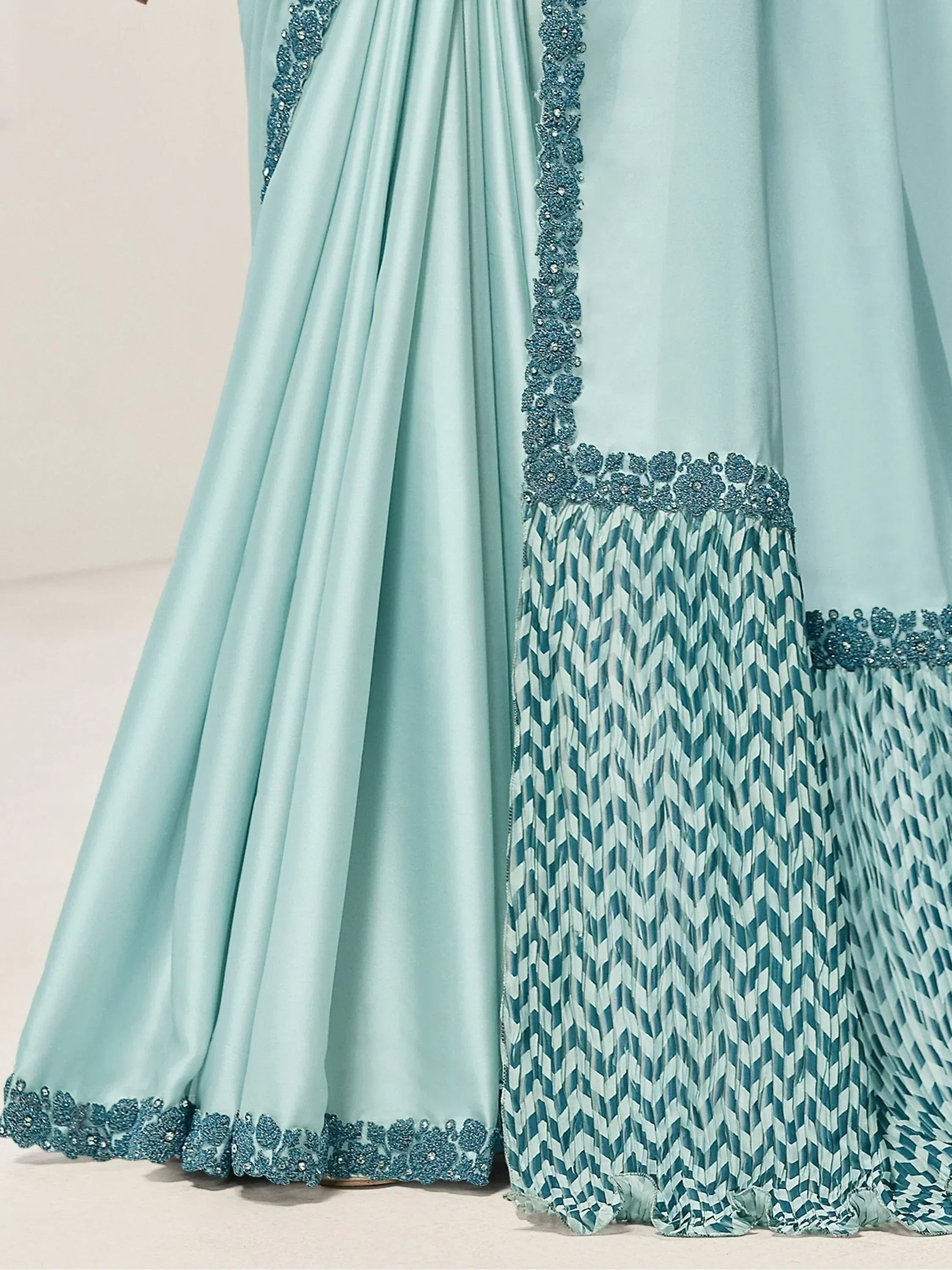 Mint green designer lehenga with floral beadwork and chevron pleated skirt, ethnic wear