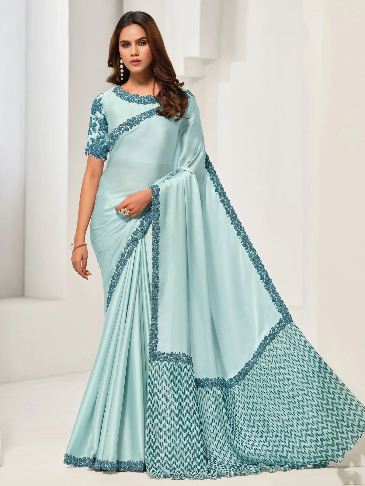 Alluring Light Blue Sequins Satin Silk Event Wear Saree With Blouse