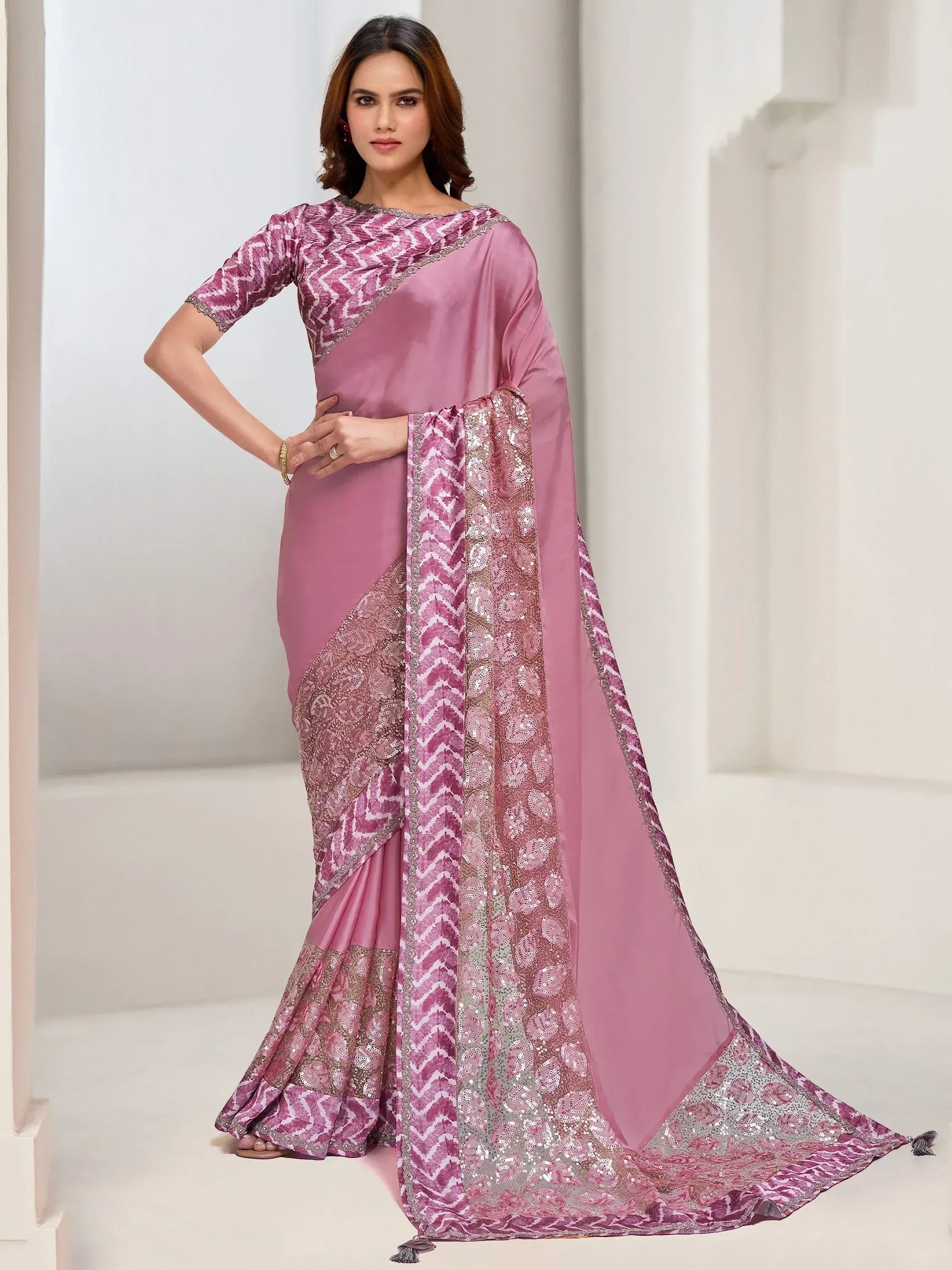 Elegant pink saree with sequin and chevron print, perfect for Indian ethnic occasions