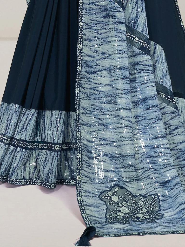 Awesome Teal Blue Color Sequins Crepe Event Wear Saree With Blouse
