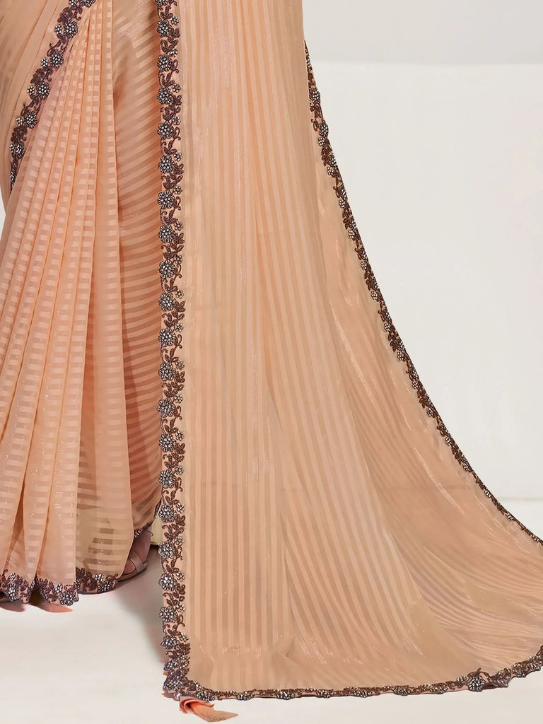 Astonishing Peach Sequins Georgette Wedding Wear Saree With Blouse