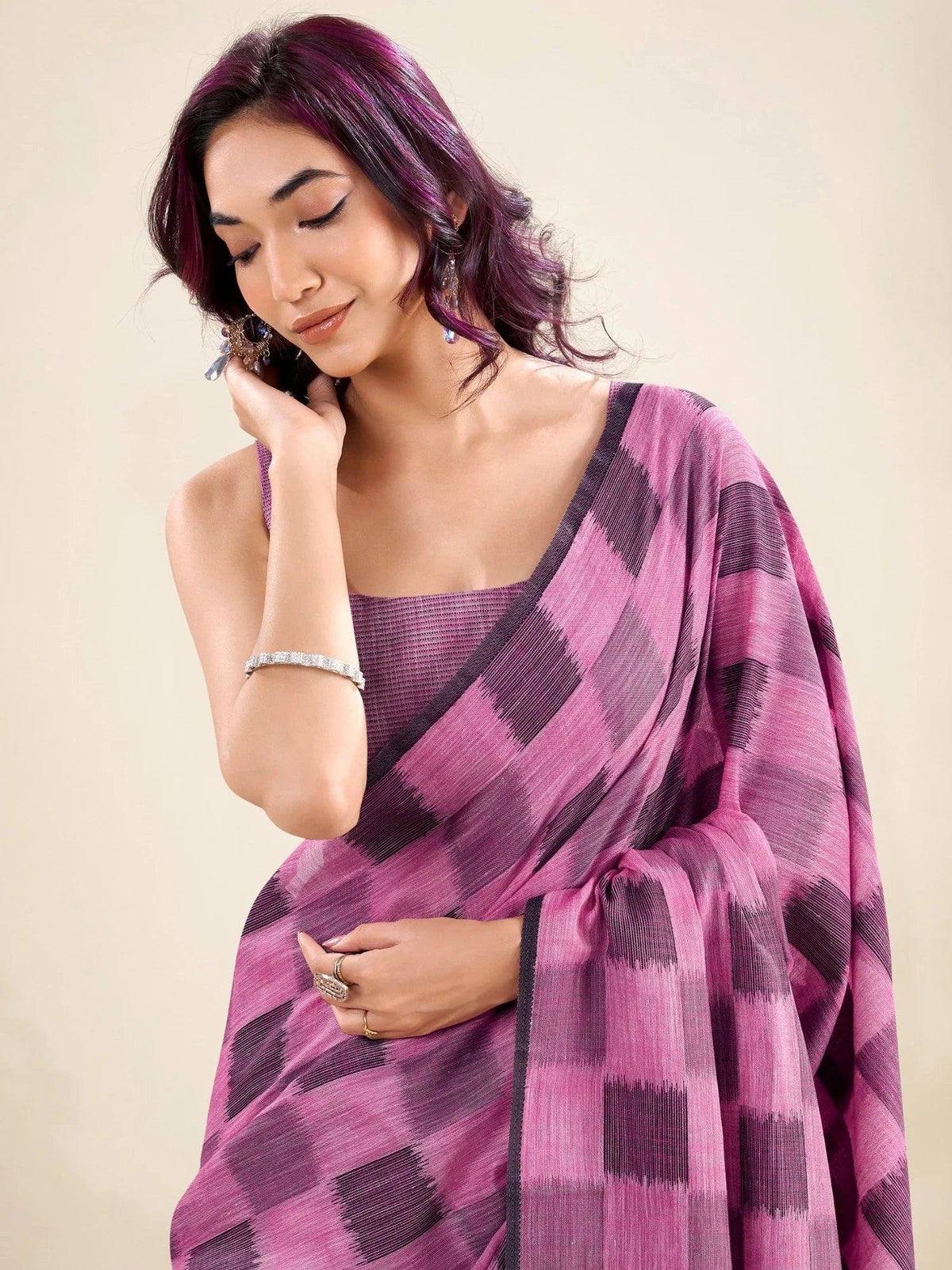 Purple checkered saree with matching blouse, elegant ethnic wear for women