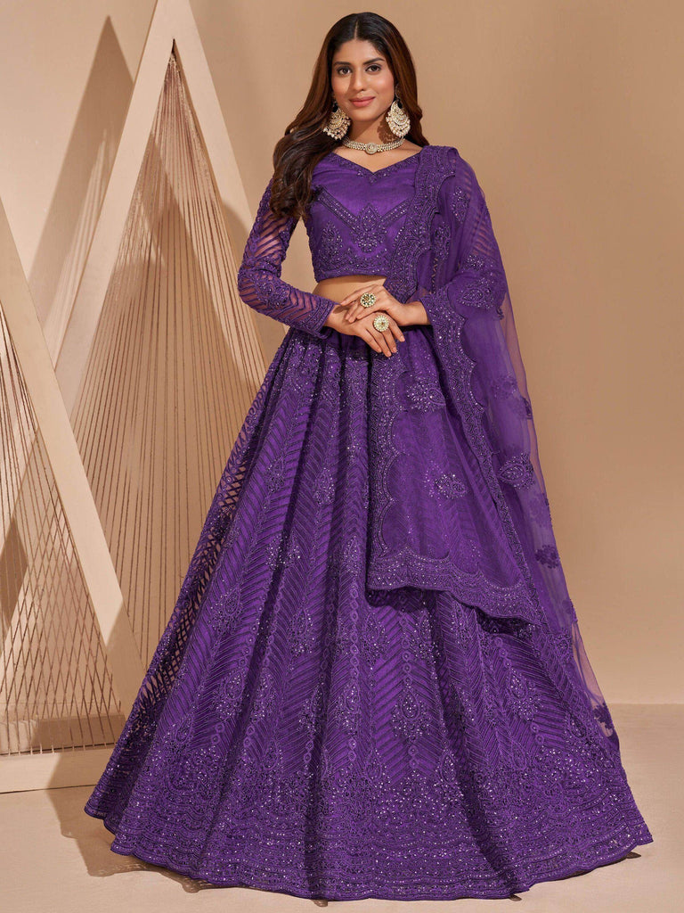 Captivating Purple Thread Embroidered Net Party Wear Lehenga Choli