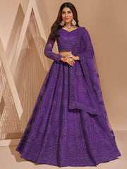 Captivating Purple Thread Embroidered Net Party Wear Lehenga Choli