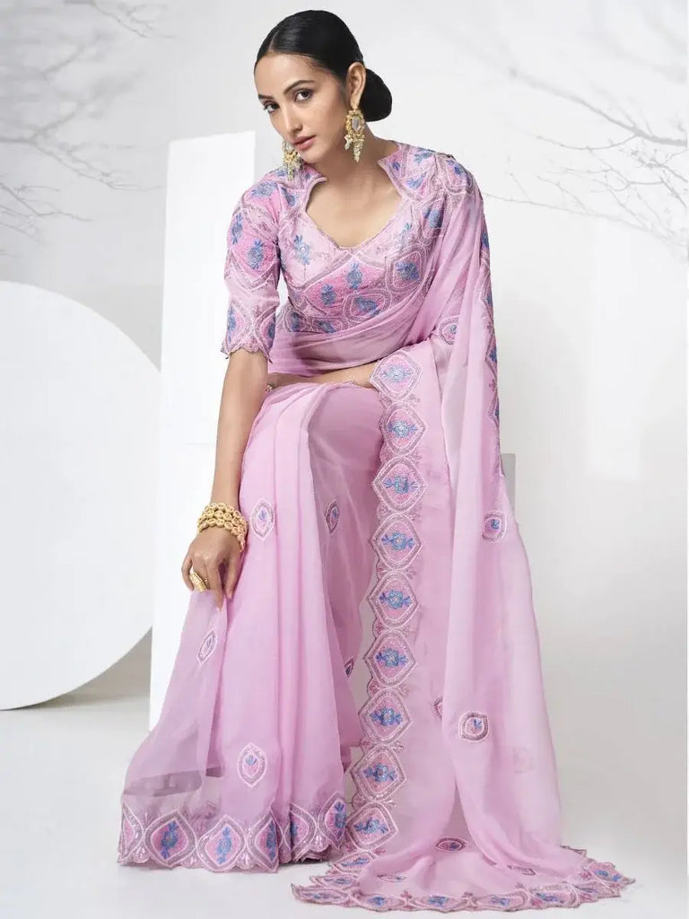 Stunning Pink Organza Floral Embroidered Reception Look Saree