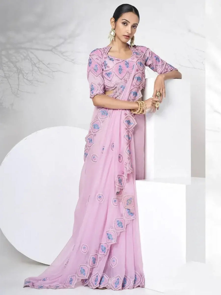 Stunning Pink Organza Floral Embroidered Reception Look Saree