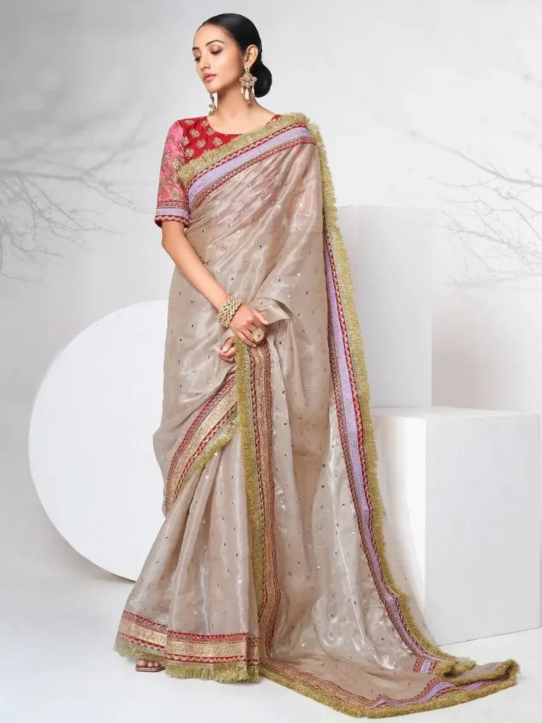 Dazzling Mauve Organza Foil Mirror Wedding Style Saree
