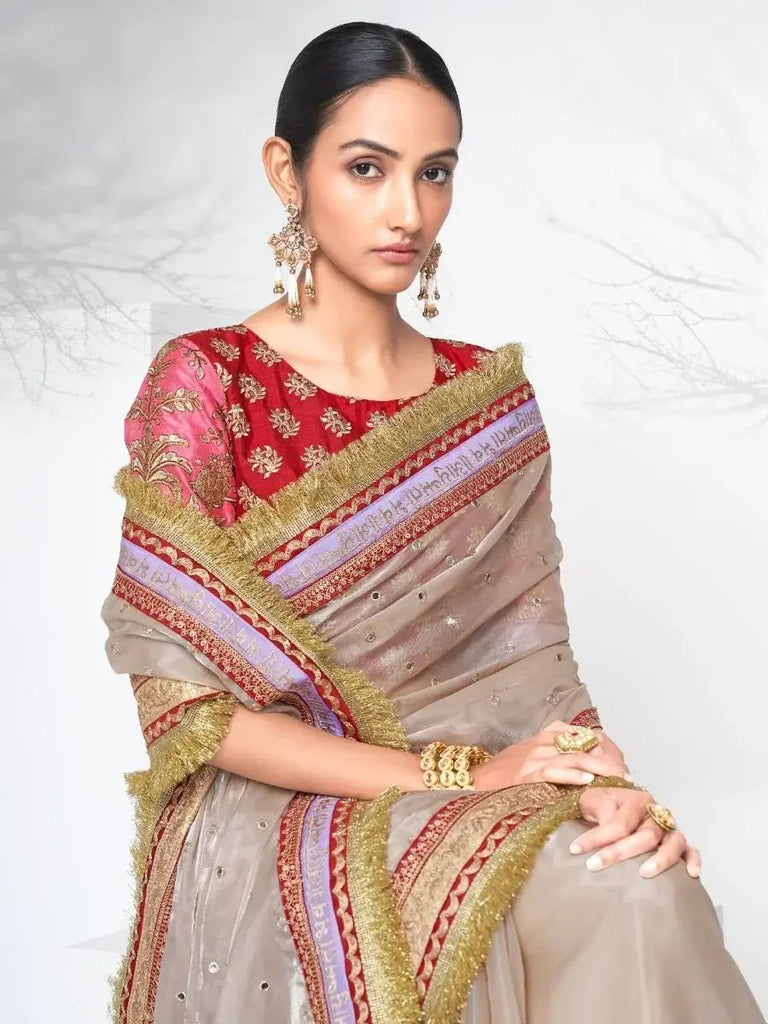 Dazzling Mauve Organza Foil Mirror Wedding Style Saree