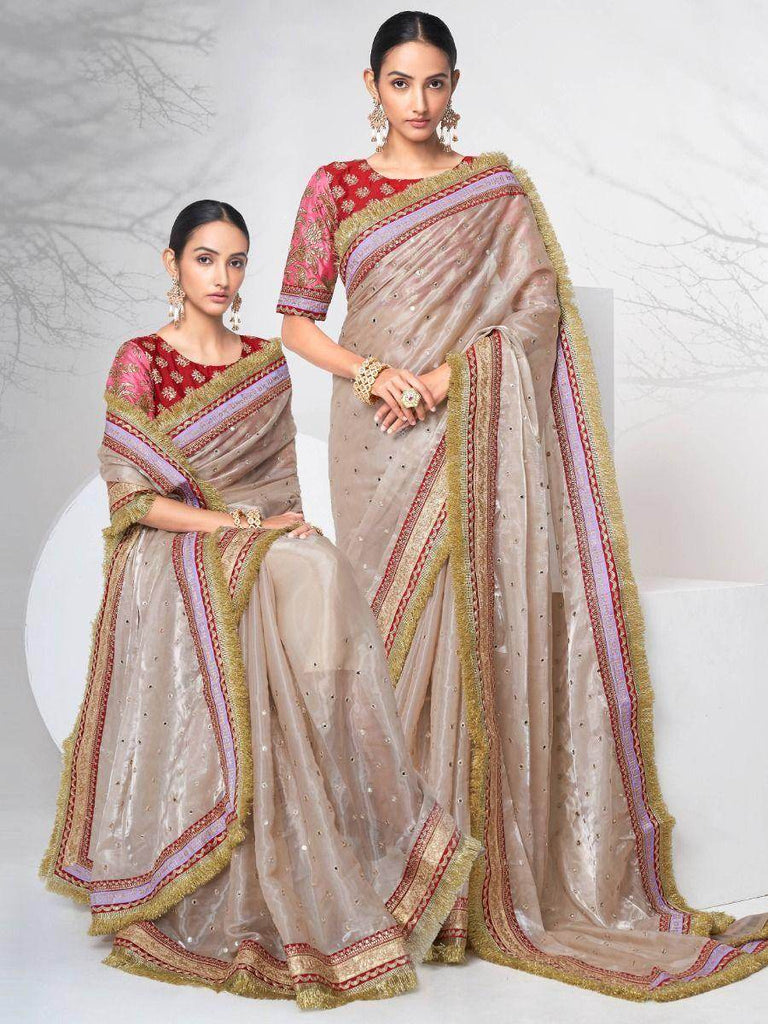 Dazzling Mauve Organza Foil Mirror Wedding Style Saree