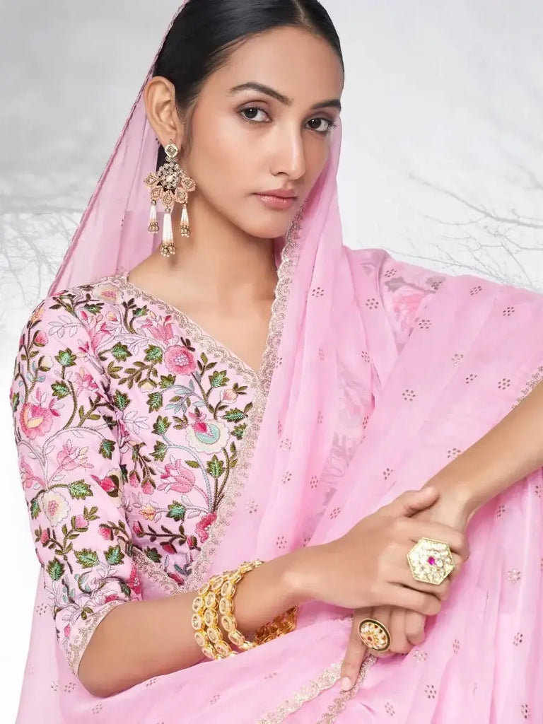Sensational Pink Organza Mukaish Work Party Saree