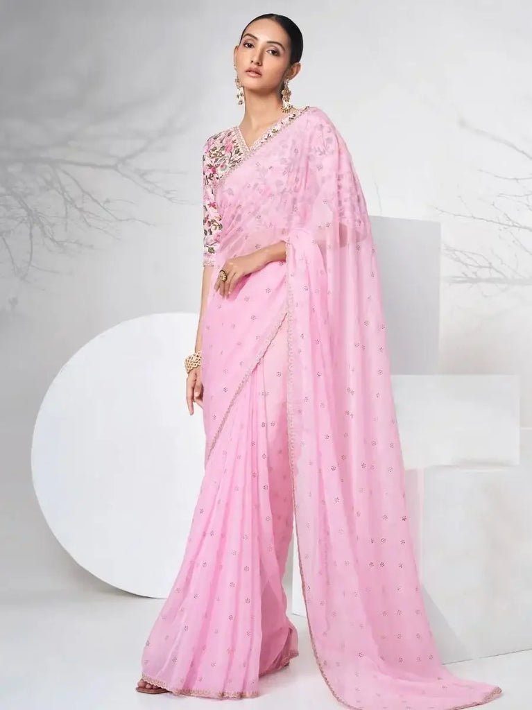 Sensational Pink Organza Mukaish Work Party Saree