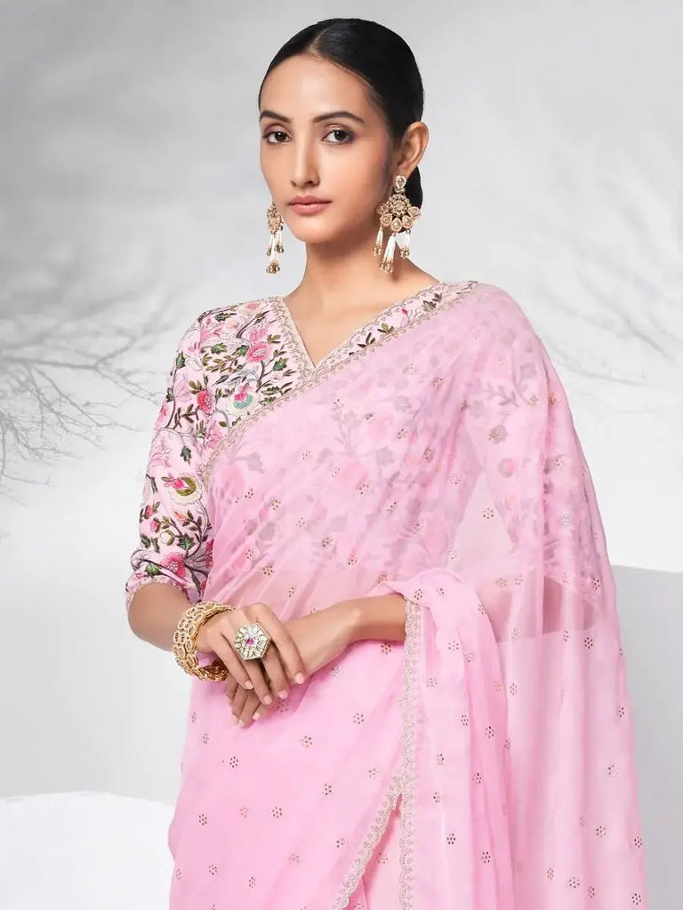 Sensational Pink Organza Mukaish Work Party Saree