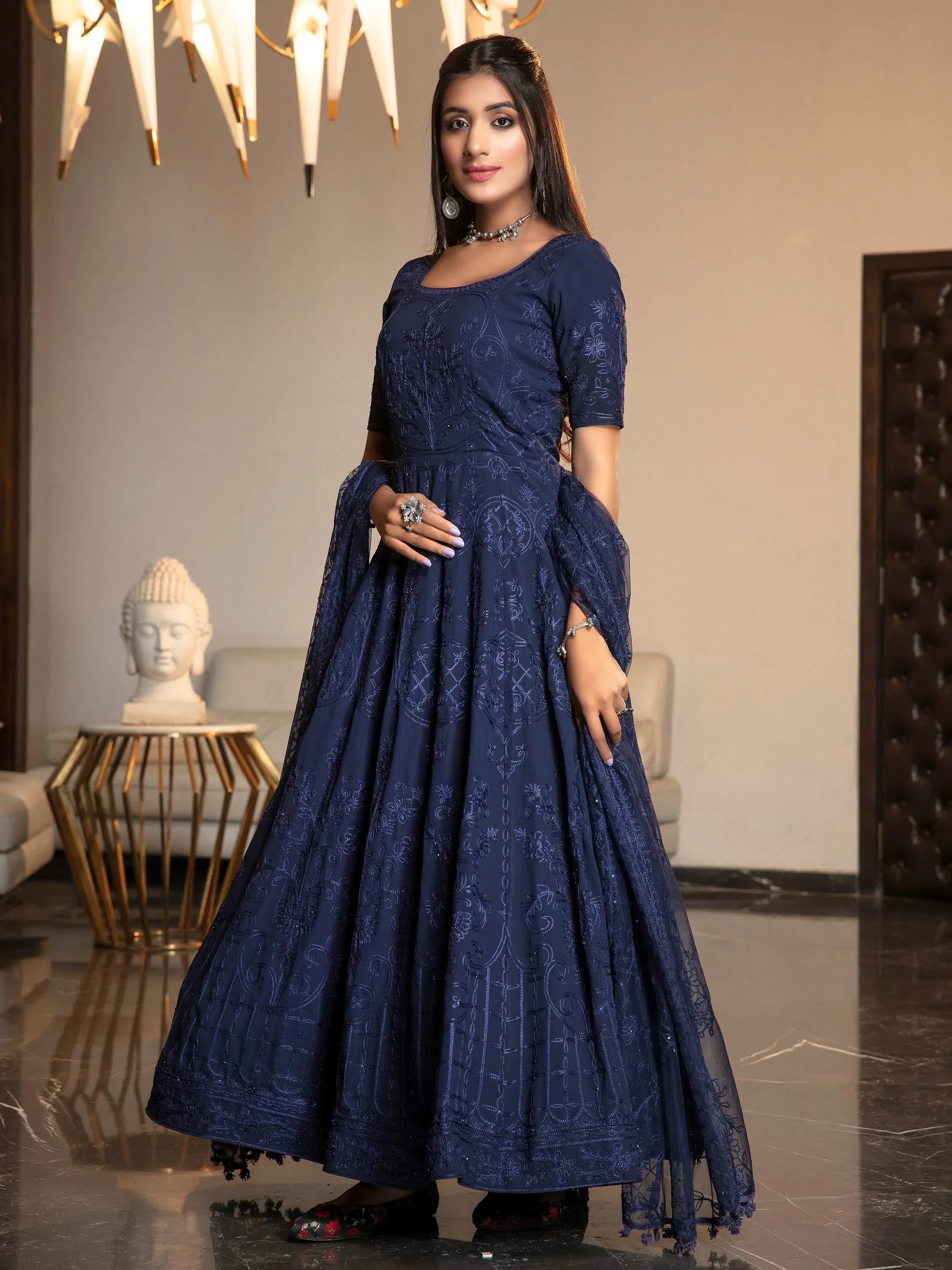 Navy blue embroidered anarkali gown with lace dupatta, perfect for Indian ethnic occasions