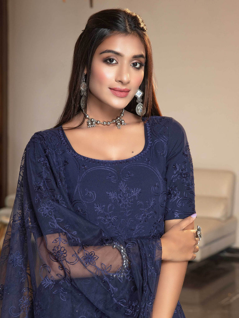 Fantastic Navy Blue Georgette Thread Work Party Wear Gown