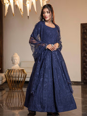 Fantastic Navy Blue Georgette Thread Work Party Wear Gown