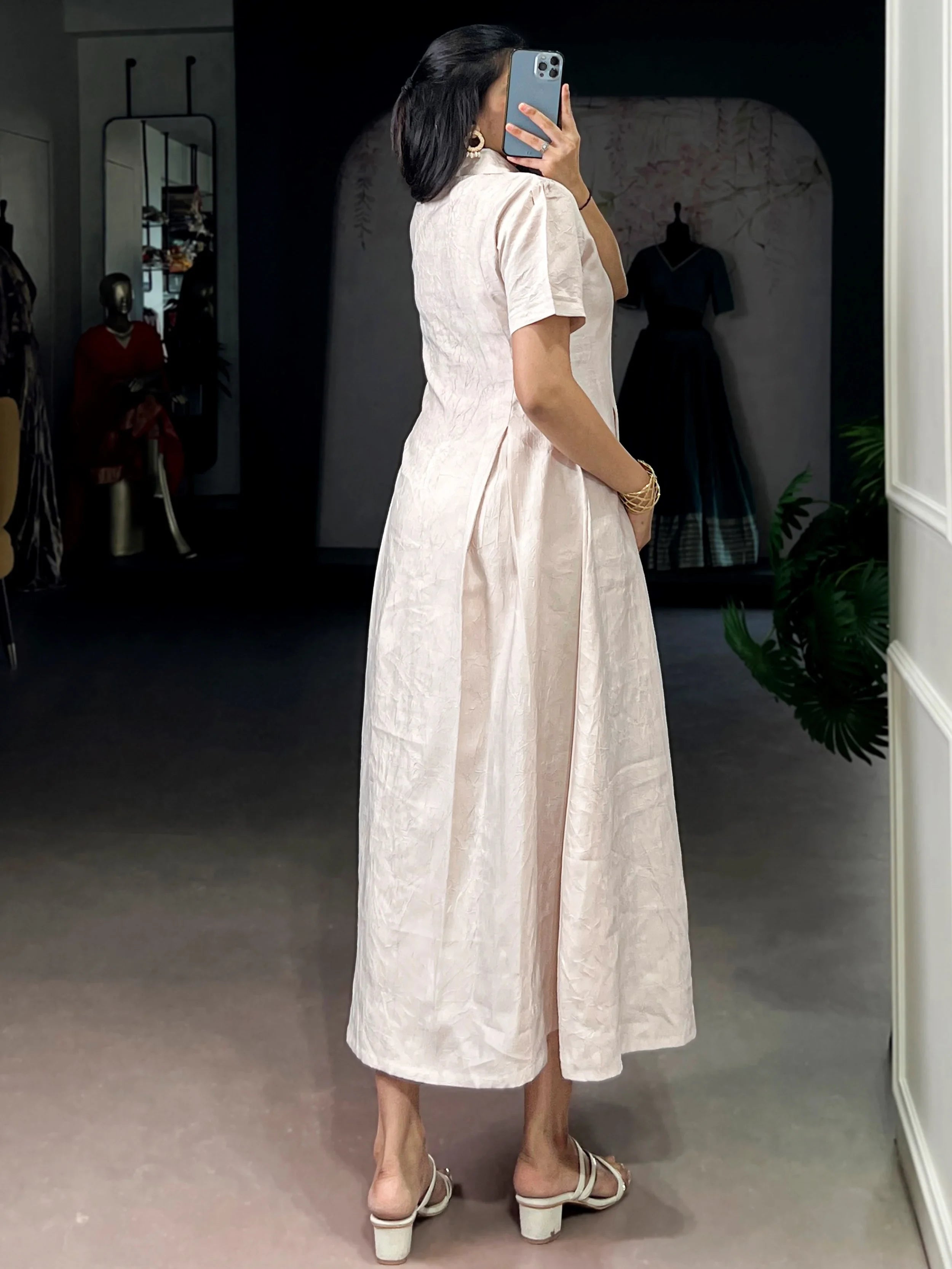 Outstanding Cream Plain Crushed Casual Wear Dress