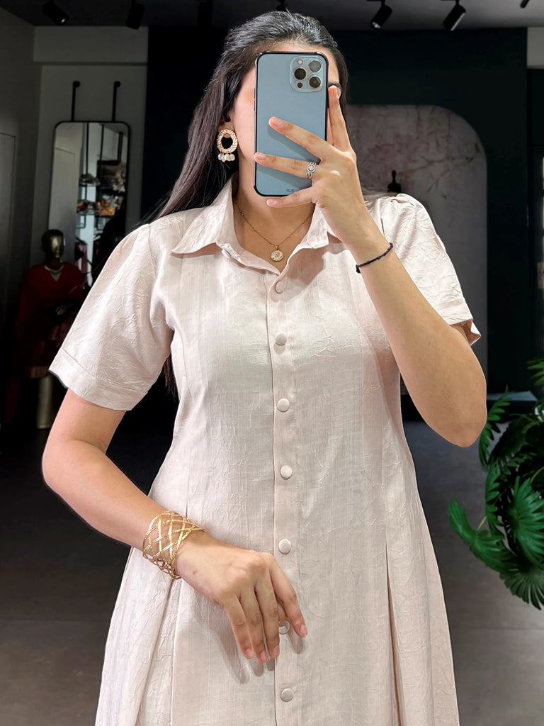 Outstanding Cream Plain Crushed Casual Wear Dress