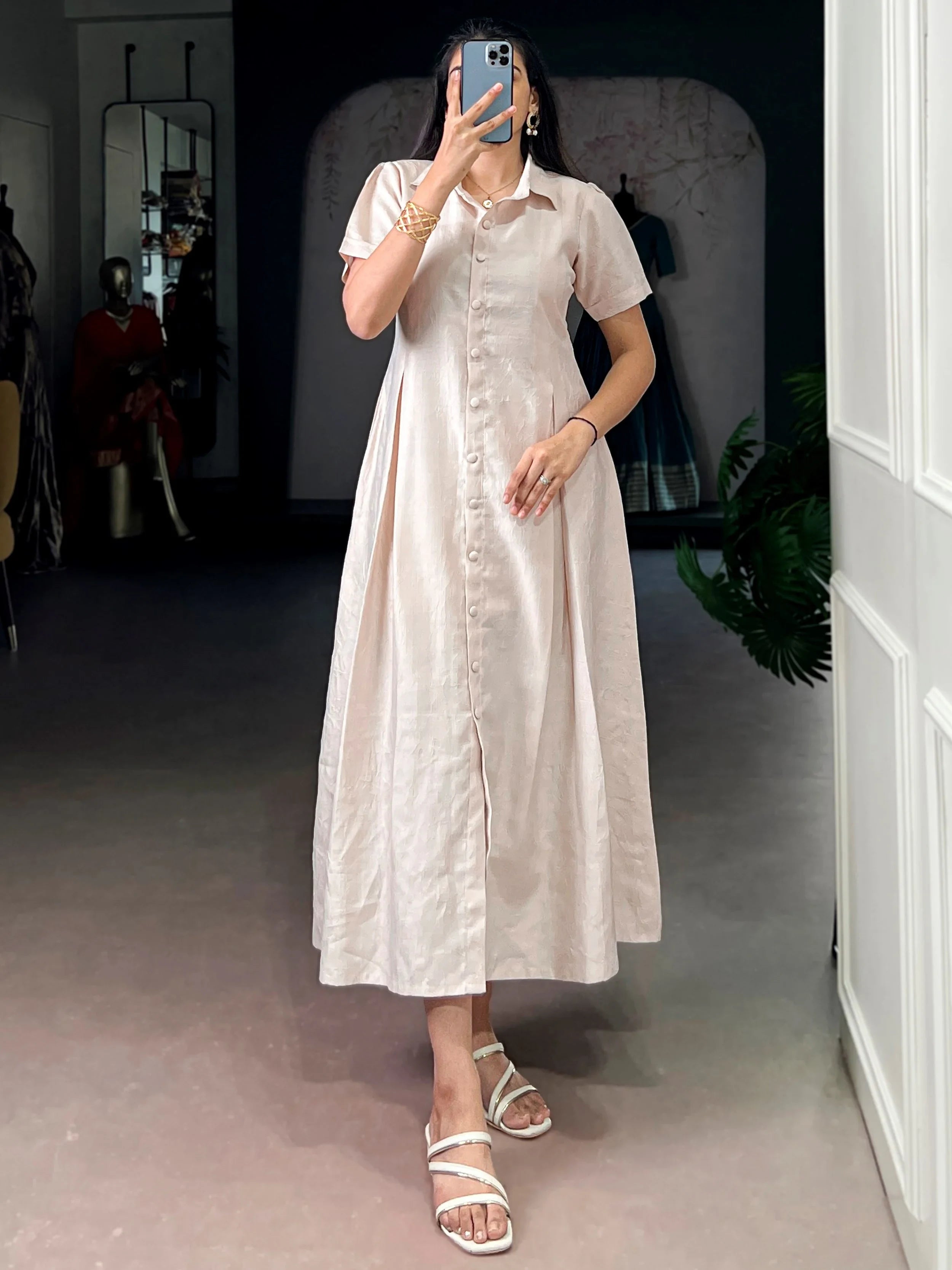 Outstanding Cream Plain Crushed Casual Wear Dress