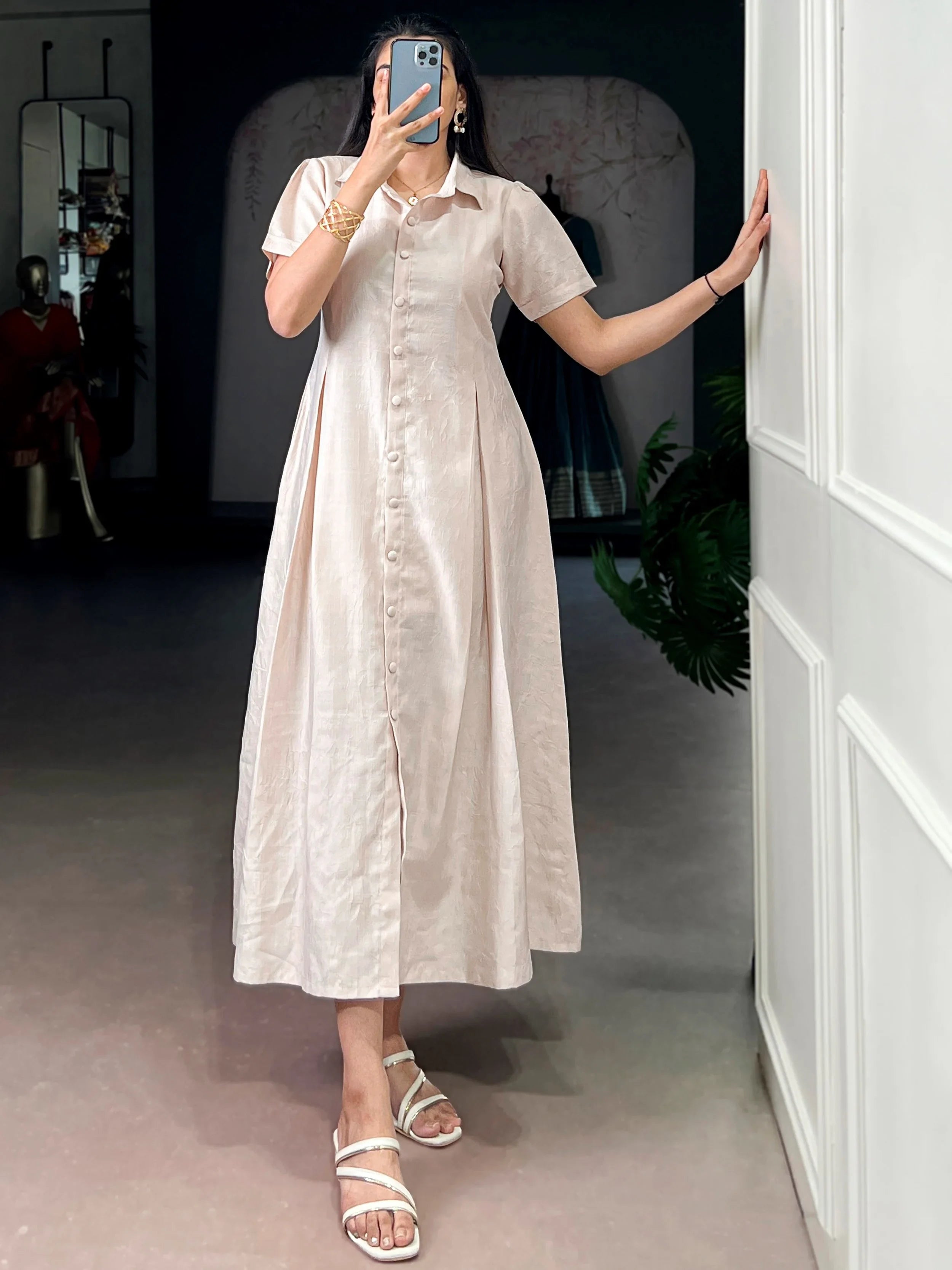 Outstanding Cream Plain Crushed Casual Wear Dress