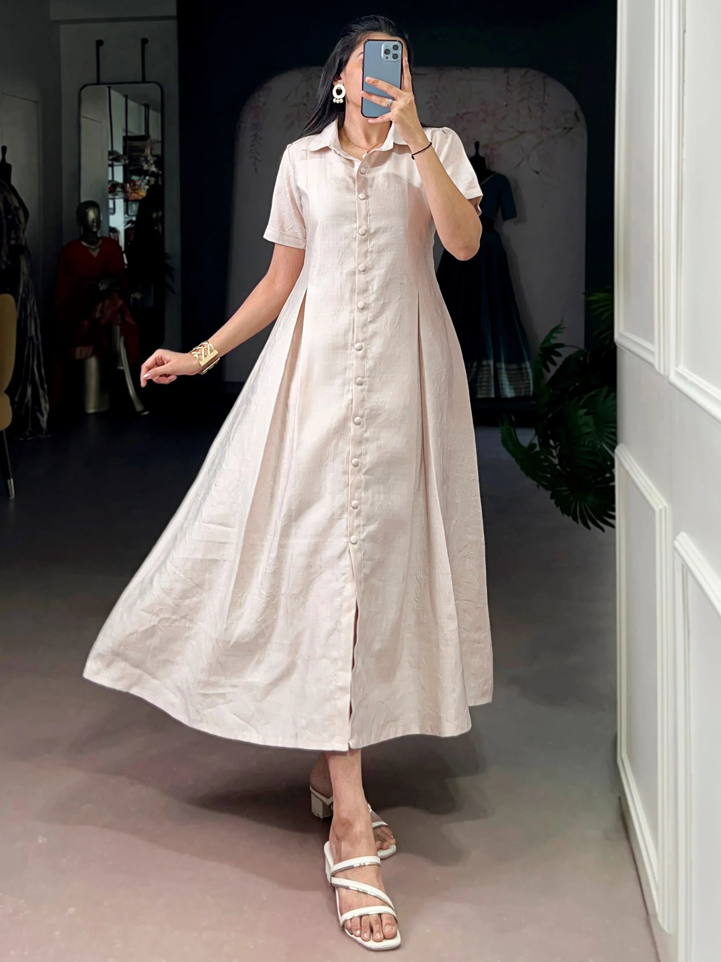 Outstanding Cream Plain Crushed Casual Wear Dress
