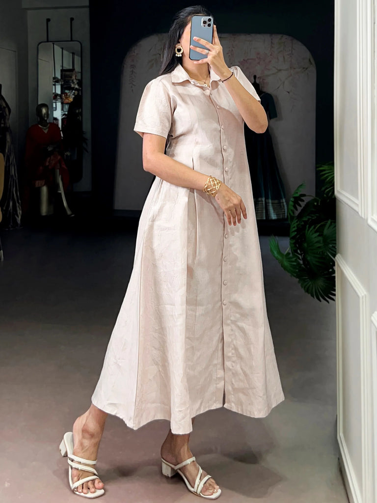Outstanding Cream Plain Crushed Casual Wear Dress