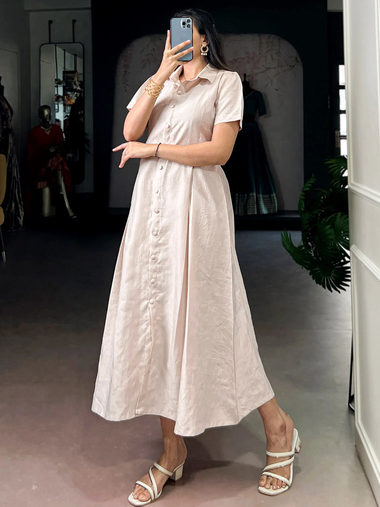 Outstanding Cream Plain Crushed Casual Wear Dress