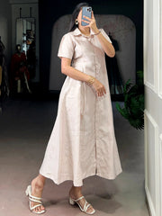 Outstanding Cream Plain Crushed Casual Wear Dress