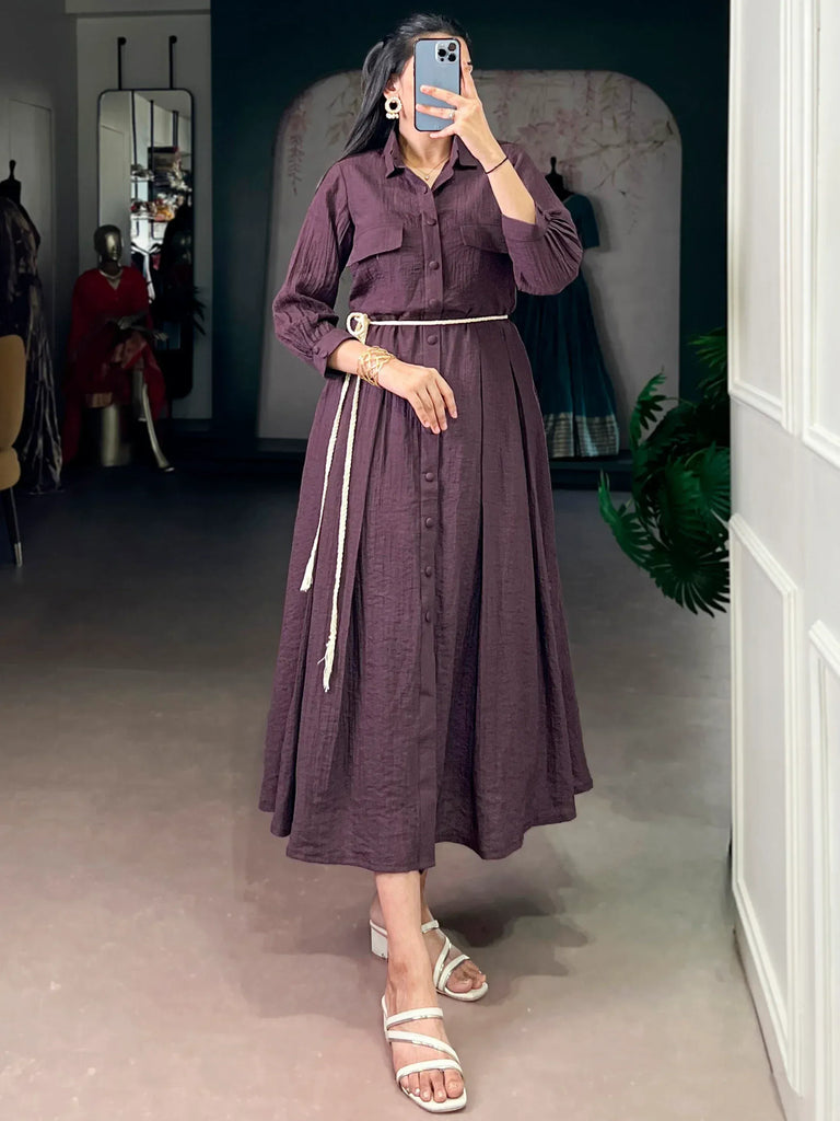Amazing Deep Purple Plain Georgette Casual Wear Dress