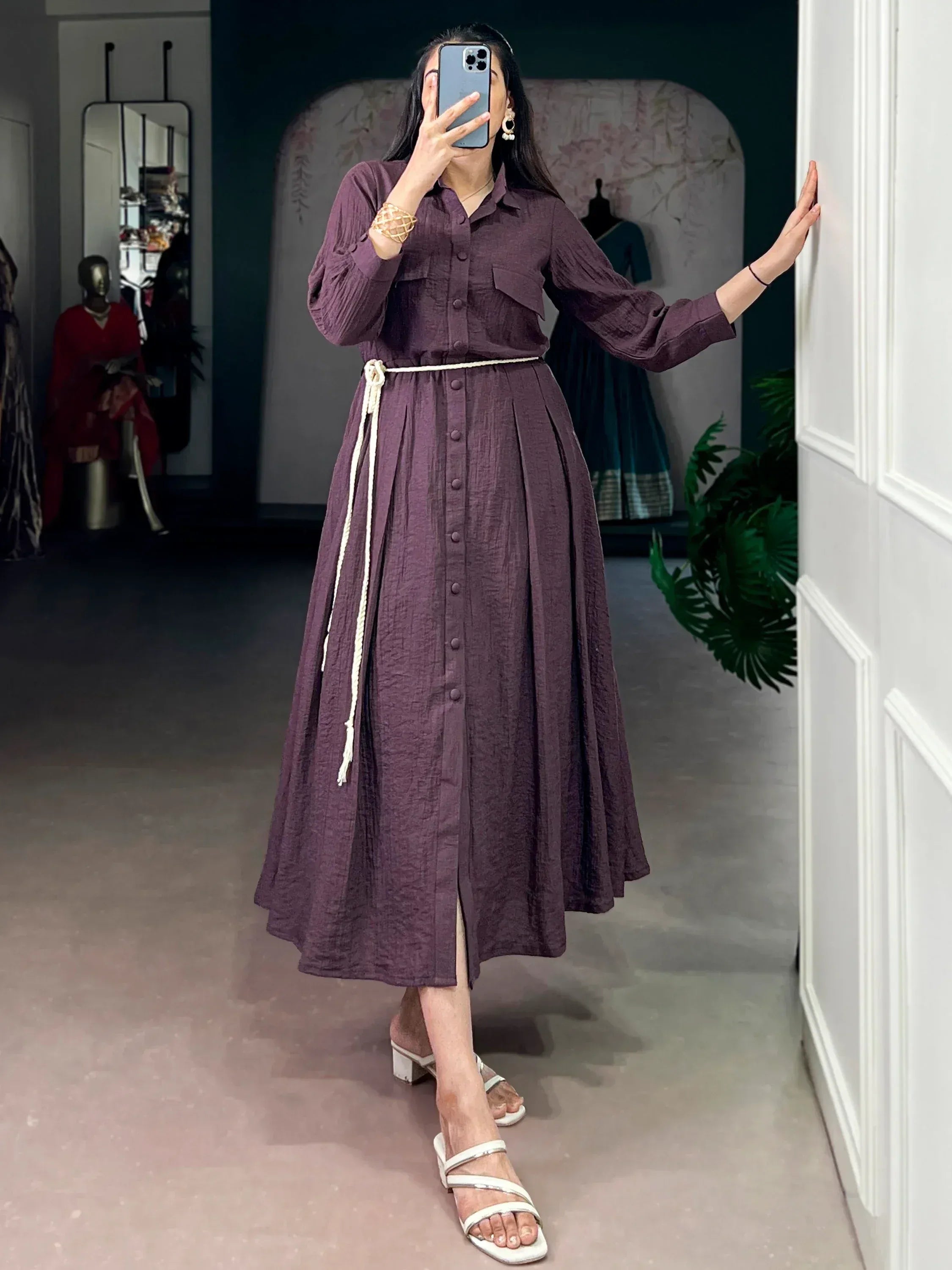 Amazing Deep Purple Plain Georgette Casual Wear Dress