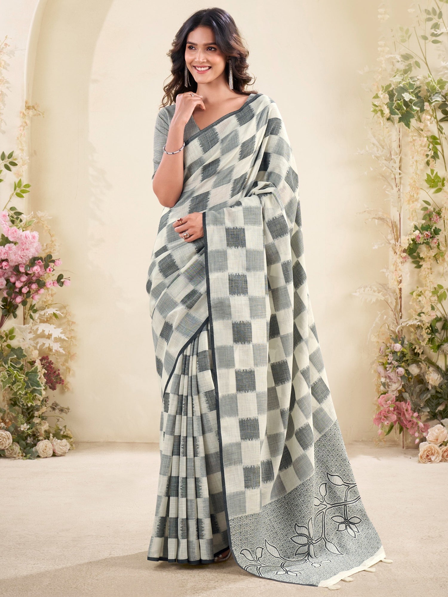 Alluring Grey Digital Printed Silk Office Wear Saree With Blouse