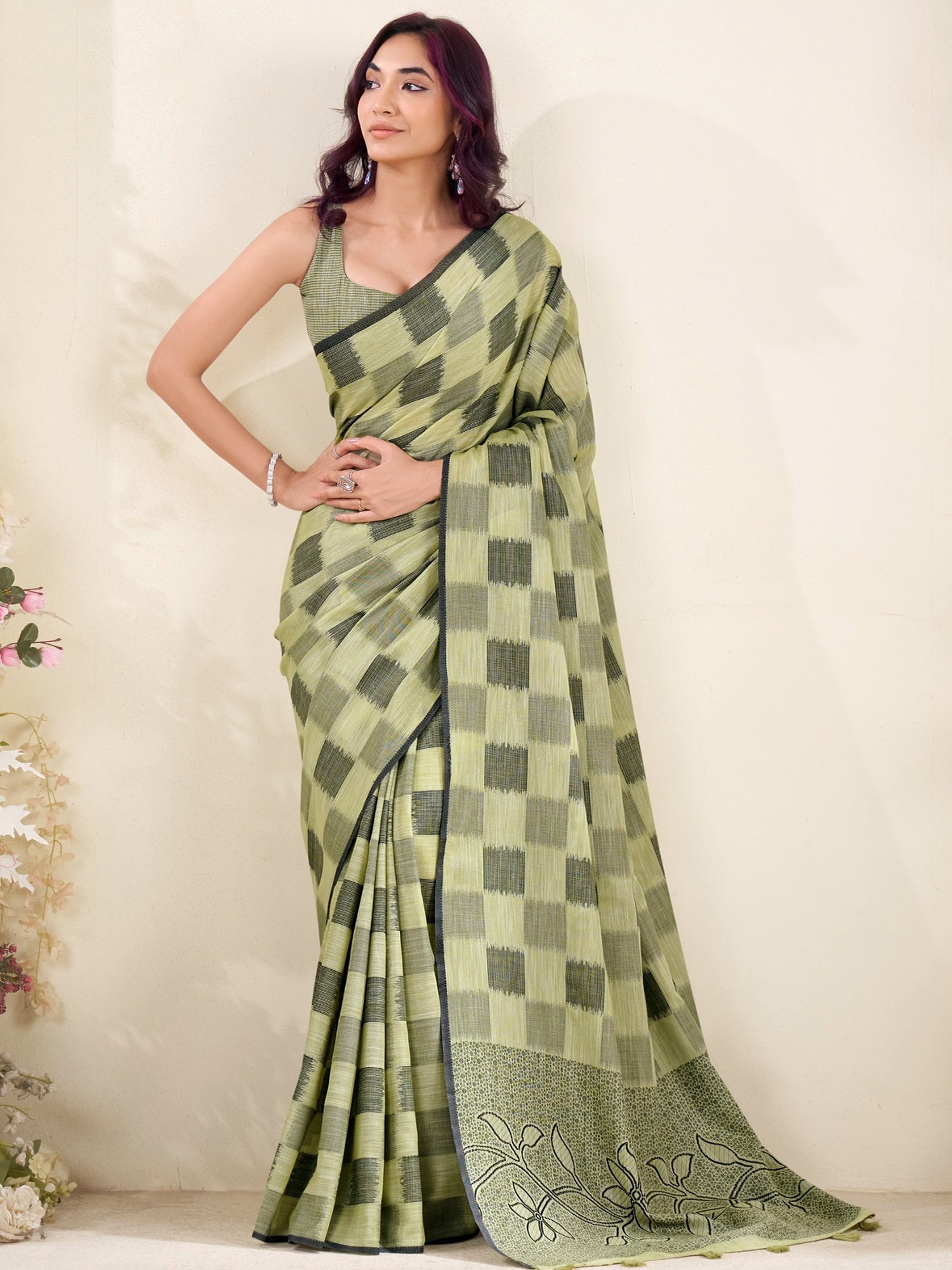 Beautiful Green Digital Printed Silk Office Wear Saree With Blouse