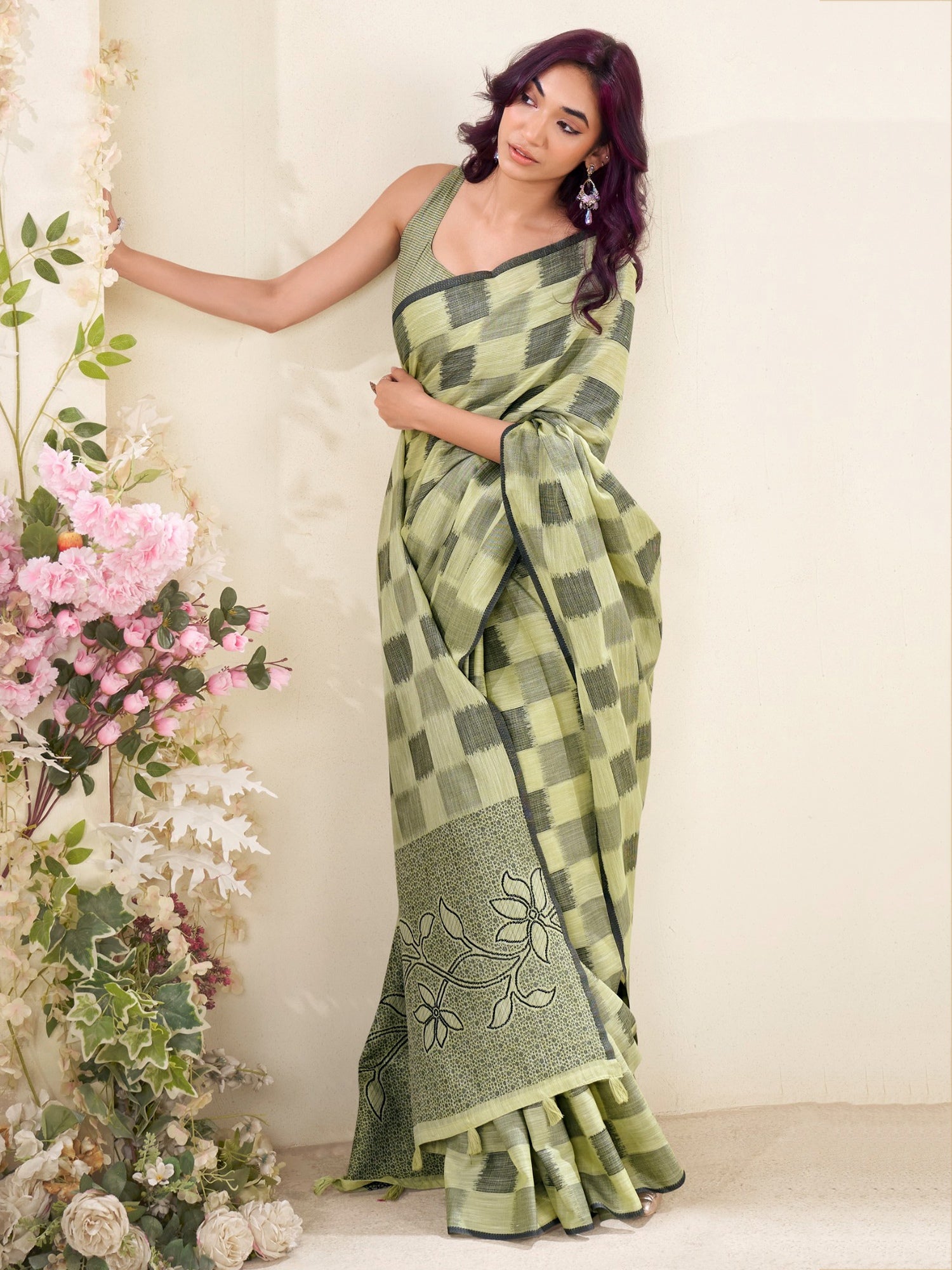 Beautiful Green Digital Printed Silk Office Wear Saree With Blouse