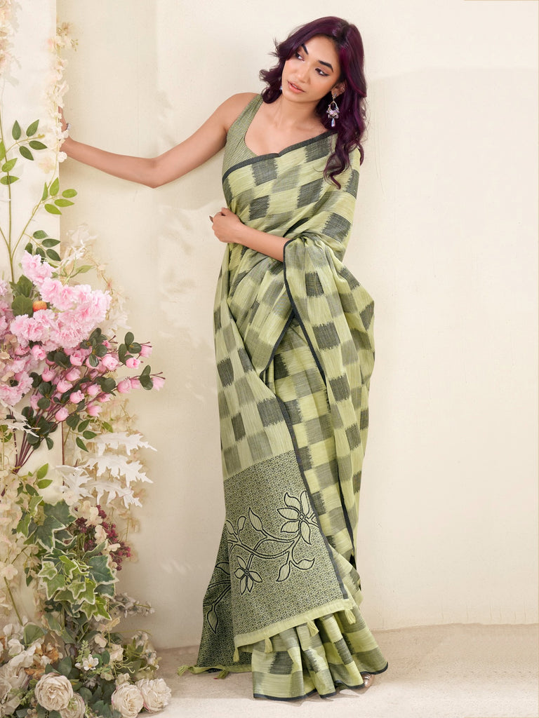 Beautiful Green Digital Printed Silk Office Wear Saree With Blouse