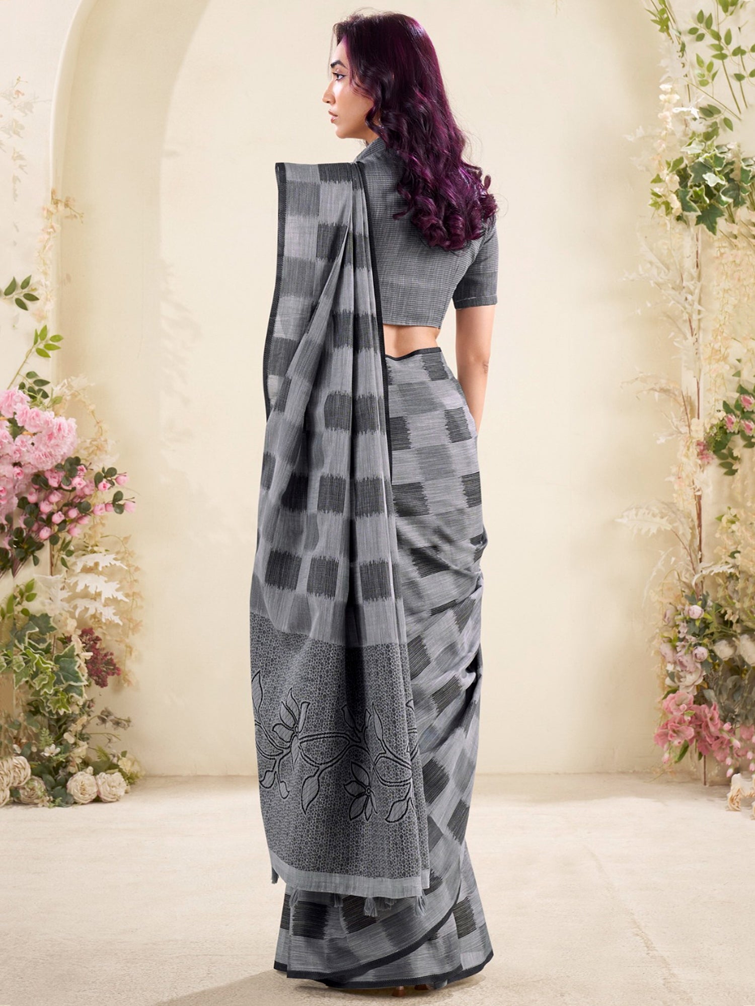 Charming Grey Digital Printed Silk Casual Wear Saree With Blouse
