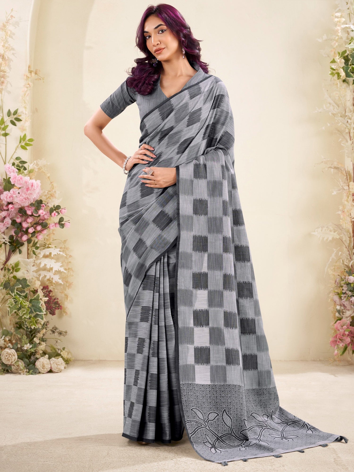 Charming Grey Digital Printed Silk Casual Wear Saree With Blouse