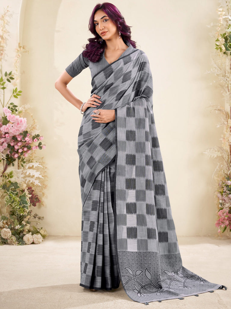 Charming Grey Digital Printed Silk Casual Wear Saree With Blouse