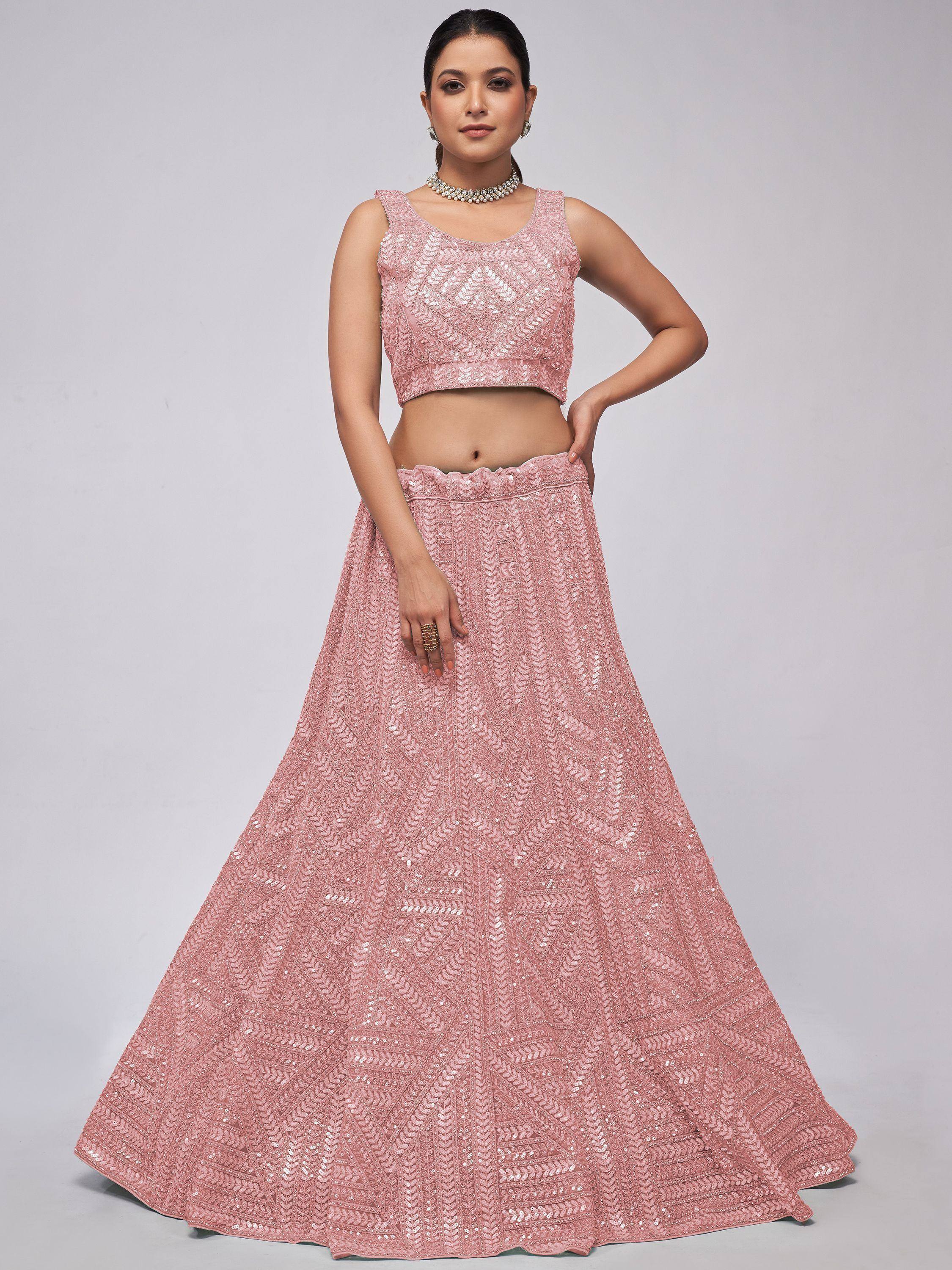 Pink sequin lehenga choli with geometric pattern, perfect for Indian ethnic wear and festive occasions.