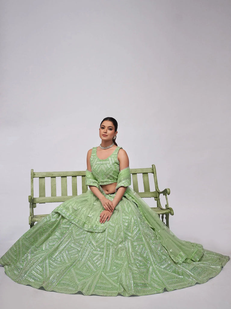 Marvelous Green Heavy Sequins Net Mehendi Wear Lehenga Choli
