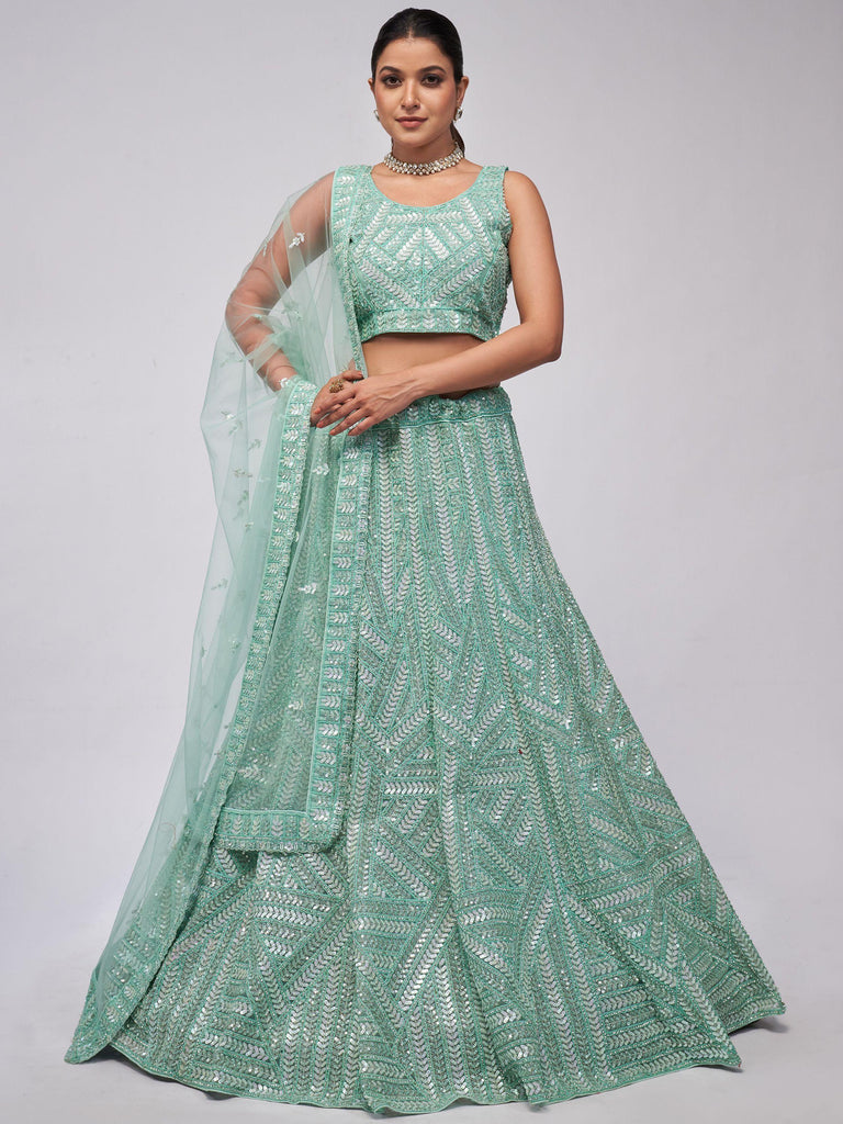 Enchanting Sky Blue Heavy Sequins Net Reception Wear Lehenga Choli