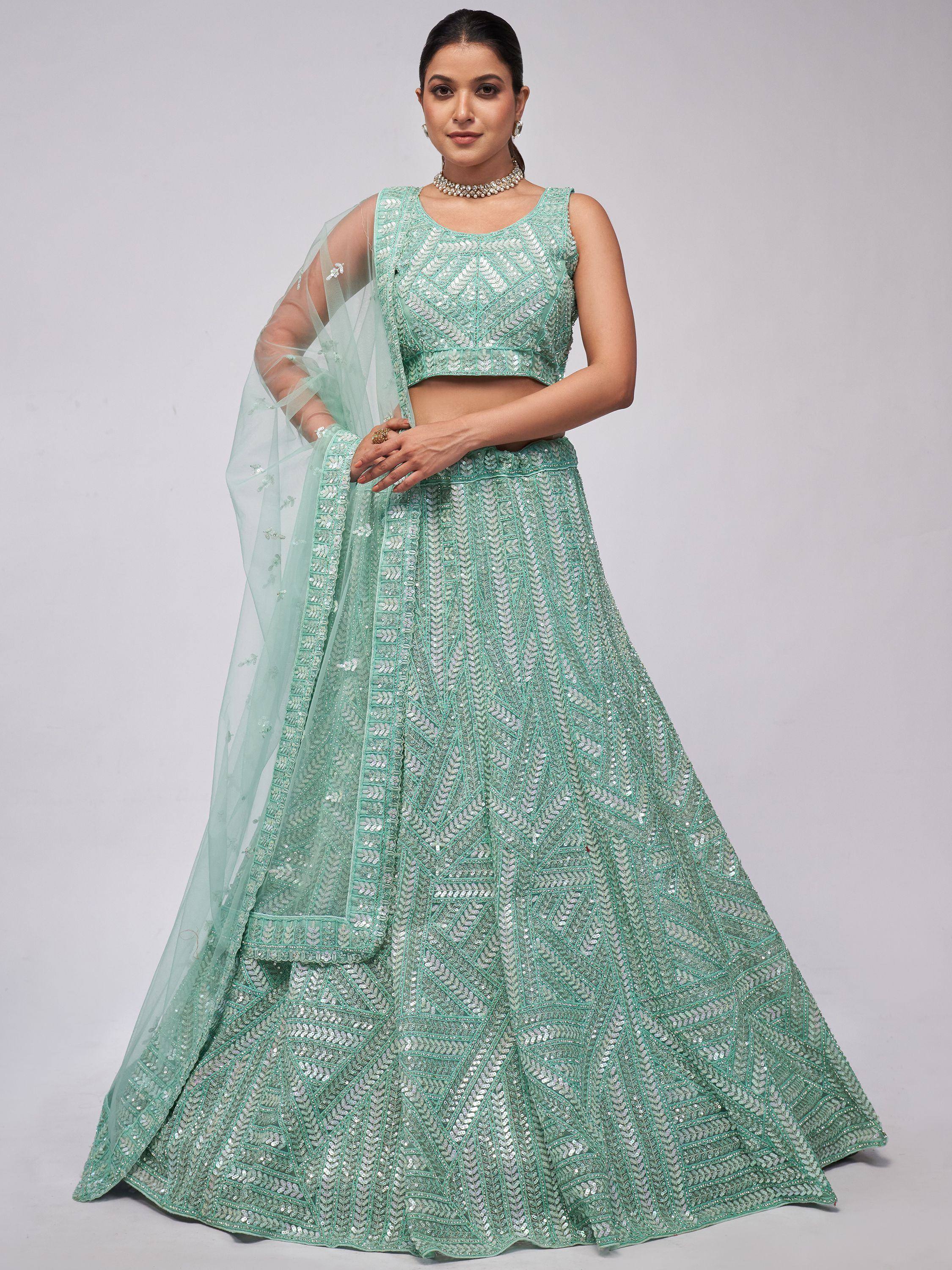 Enchanting Sky Blue Heavy Sequins Net Reception Wear Lehenga Choli