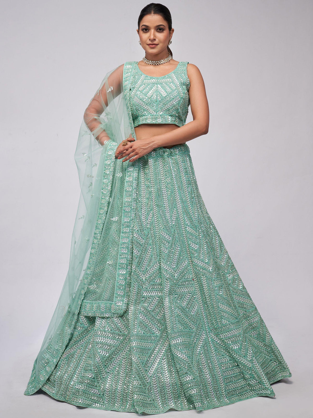 Enchanting Sky Blue Heavy Sequins Net Reception Wear Lehenga Choli