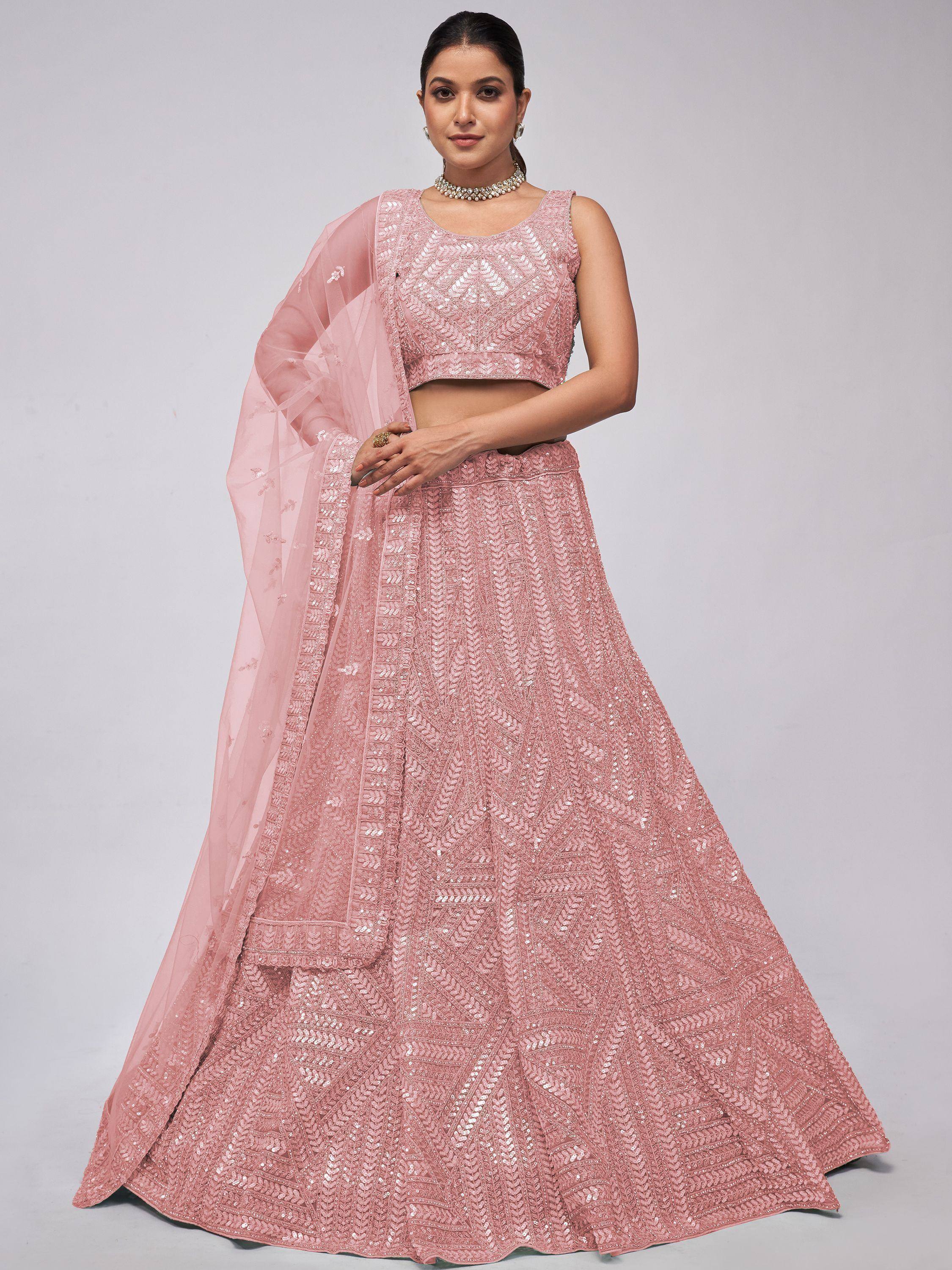 Pink sequin lehenga choli with matching dupatta, perfect for Indian ethnic wear