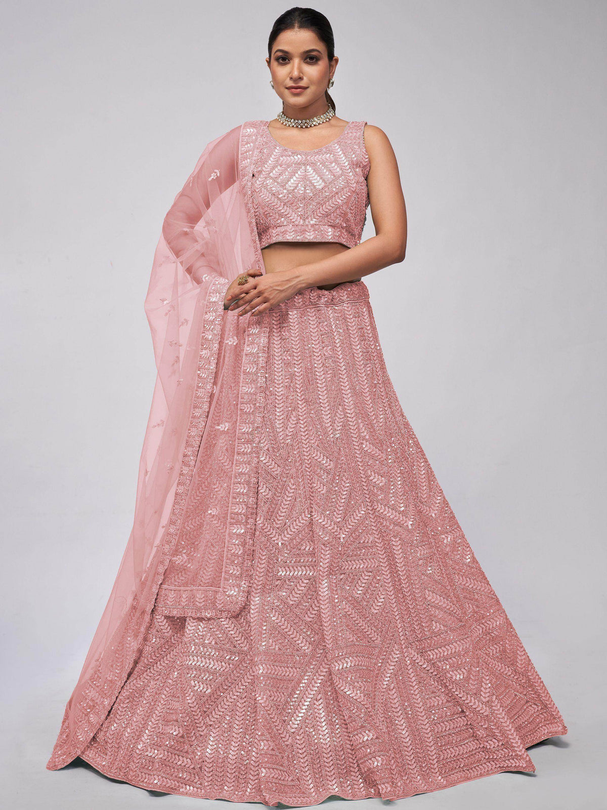 Spectacular Pink Heavy Sequins Net Wedding Wear Lehenga Choli