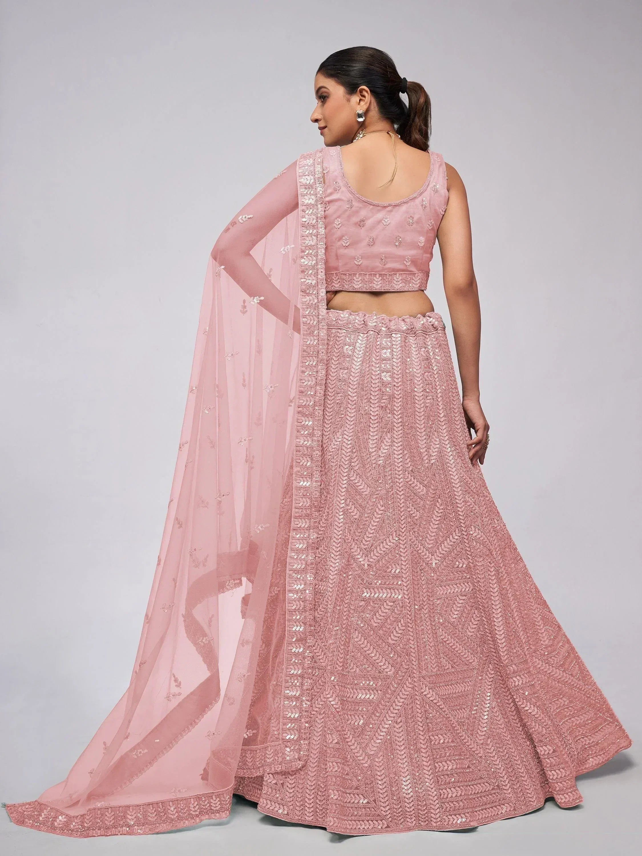 Pink embroidered lehenga choli with sheer dupatta, Indian ethnic wear for women