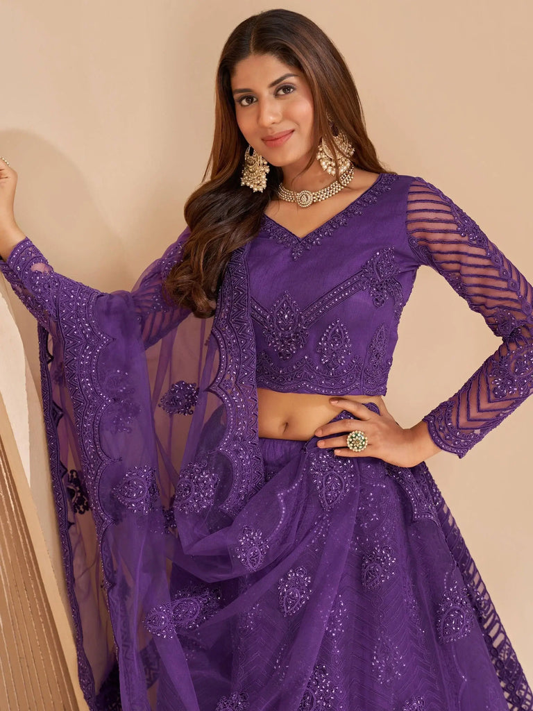 Captivating Purple Thread Embroidered Net Party Wear Lehenga Choli