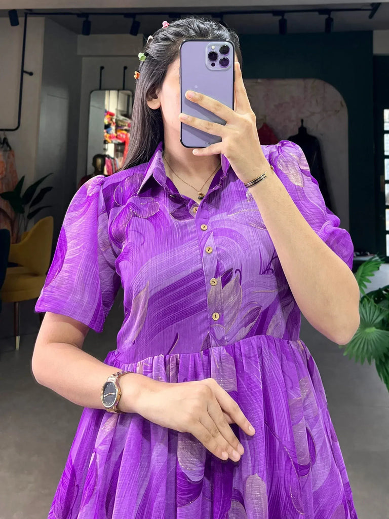 Purple floral ethnic gown with puff sleeves, perfect for festive occasions and parties.