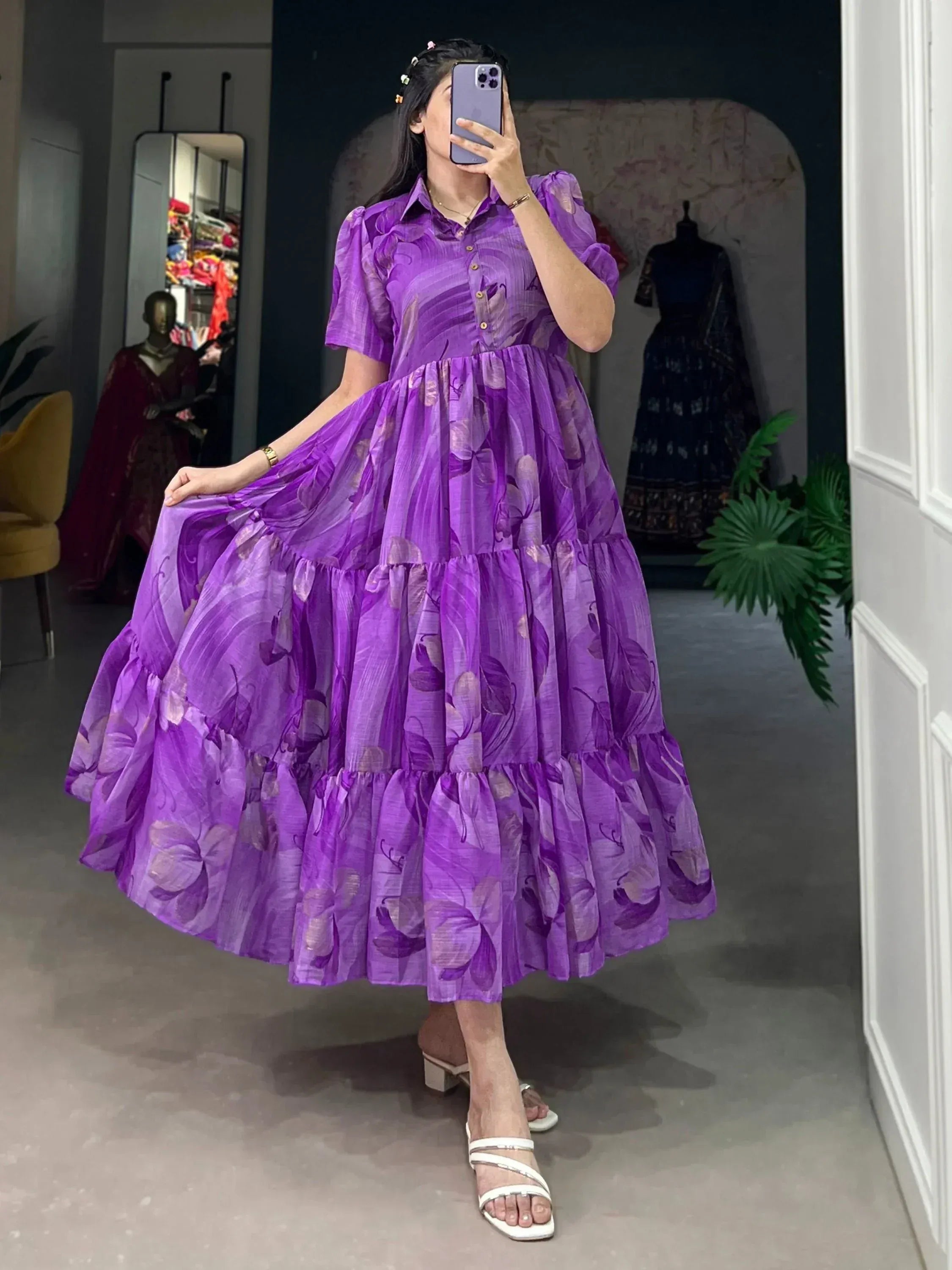 Purple floral tiered ethnic gown with puff sleeves, perfect for Indian occasions and parties