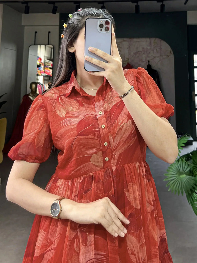 Outstanding Red Floral Printed Chiffon Festival Wear Dresses